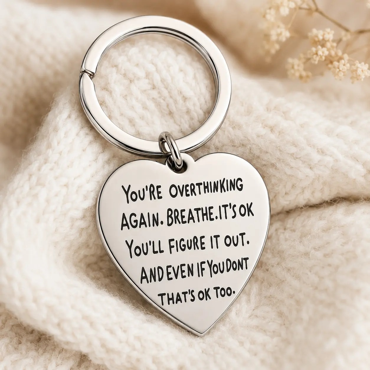 Mental Health Wellness Quotes - Heart-shaped engraved keyring with inspirational quote,